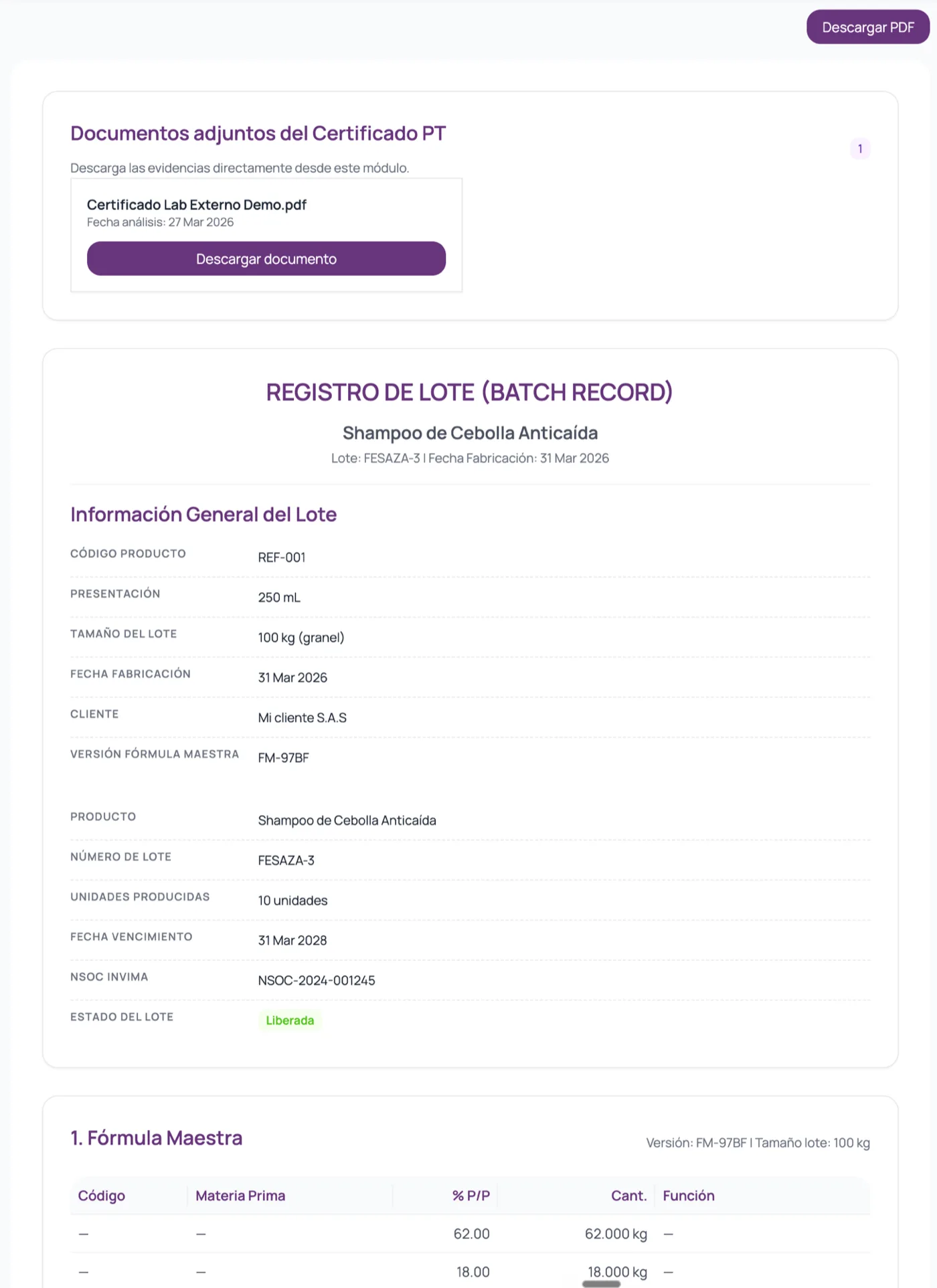 Captura del módulo Batch Record de AIVORA con la información general del lote, número, fórmula maestra, NSO INVIMA y estado Liberada.